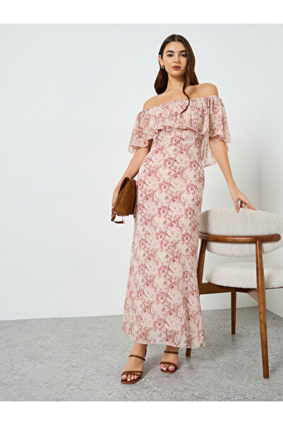 Styli Women Beige Floral Cape Sleeve Sheath Maxi Dress