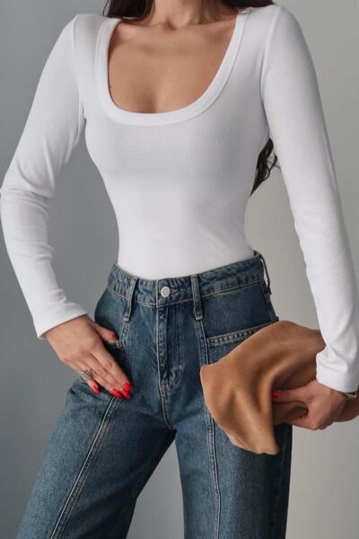 Mine Tan Butik Cotton Ribbed Knit U-Neck Stitched Long Sleeve Bodysuit - White