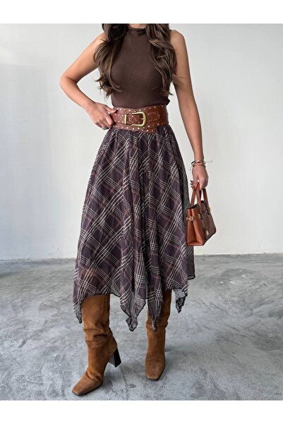 Moda Banuş Plaid Brown Lined Asymmetrical Skirt