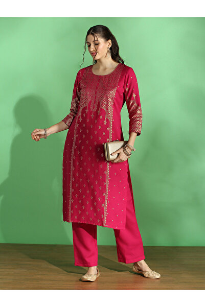 Globus By Styli Women Pink Floral Ethnic Foil Print Kurta and Pants Set