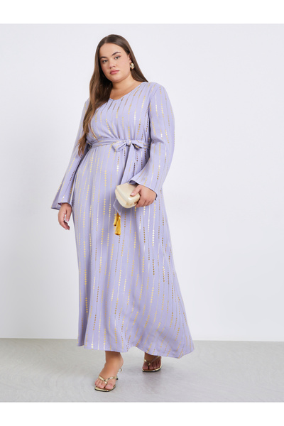 Styli Plus Size Foil Print Waist-Tie Maxi Jalabiya