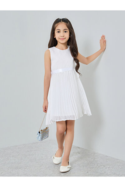 Styli Girls White Sleeveless Pleated Dress