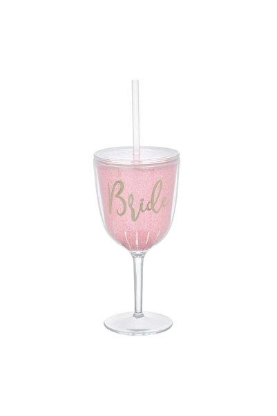 OEM Plastic Rose Wine Glass with Gold Foil Straw "Bride" - 400ml