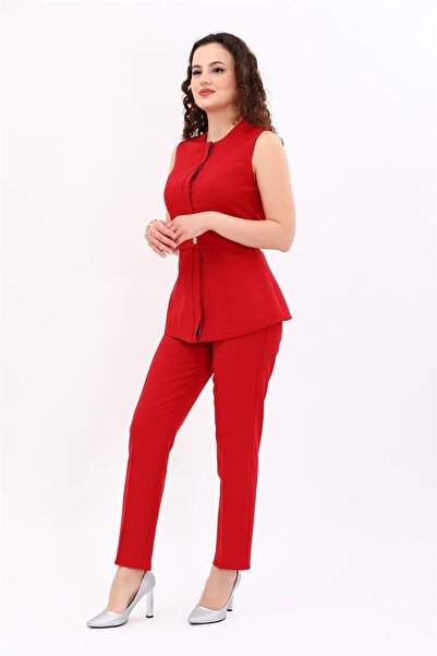 ÖNDER ÖZSOY Zero Collar Hidden Button Belted Vest & Elastic Tight Leg Pants W...