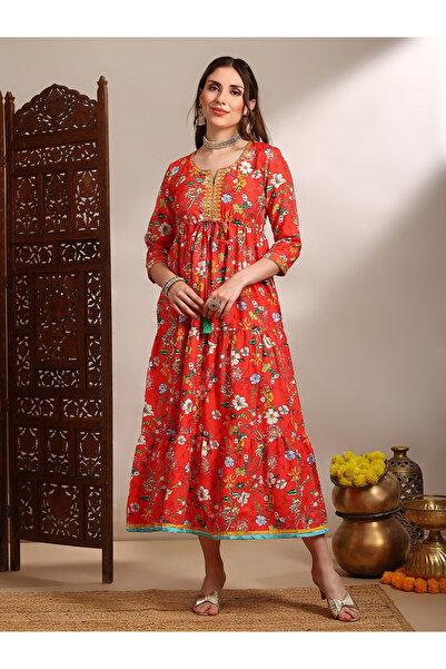 Globus By Styli Women Red Floral Print Embroidered Midi Dress