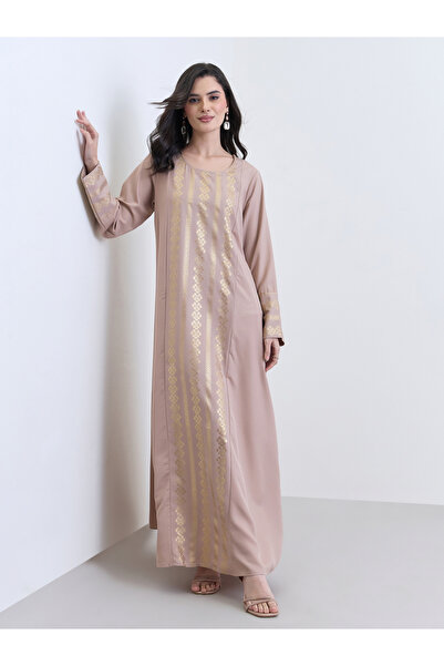 Styli Women Beige Gold Foil Print Jalabiya