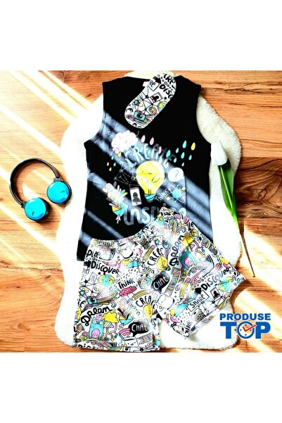 Produse.Top Black Women's Pajamas with Sleep Mask, Tank Top and Shorts