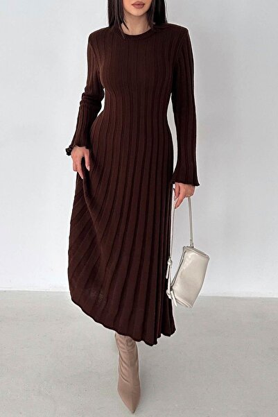 Mine Tan Butik Long Sleeve Knitwear Crew Neck Women's Dress - Brown
