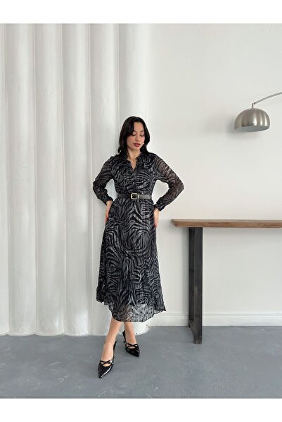 Nazline Women's Buttoned Belted Chiffon Dress