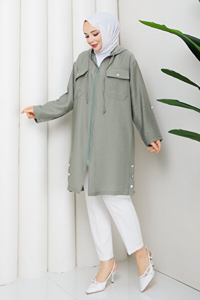 Pamuk Butik هودي نسائي بجيب علوي وغطاء رأس باللون الأخضر