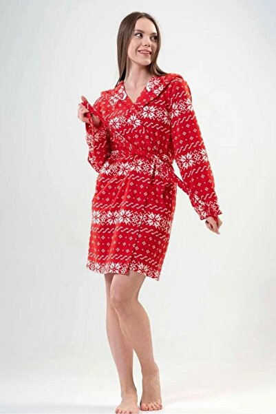 VİENETTA 703 Cheerful Patterns Hooded Short Fleece Dressing Gown