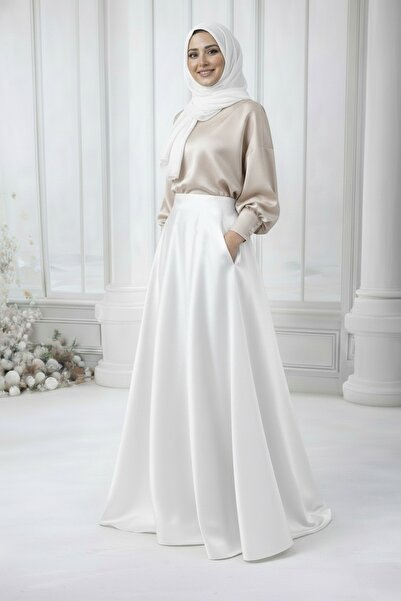 MadyaButik Women's White Pockets and Piping Kiloş Skirt