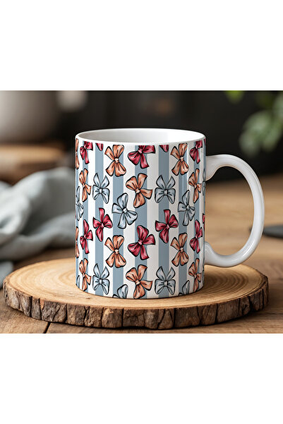 BB TRADE White Ceramic Printed Mug with Colorful Ribbon Design 330ml