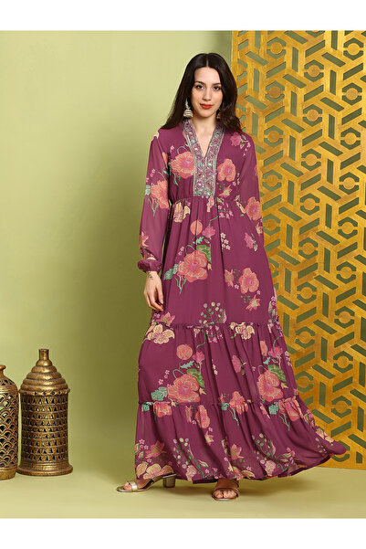 Globus By Styli Women Purple Embroidered Bishop Sleeves Maxi Dress