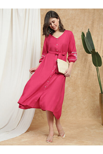 Globus By Styli Women Pink Bishop Sleeves Embroidered Midi Dress