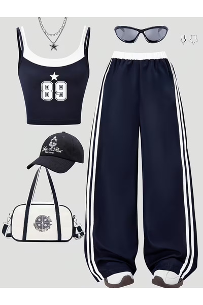 Keywest Women's 89 Printed Double Strap Crop - Wide Leg Tracksuit Set