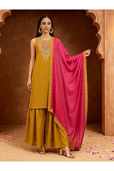 Globus By Styli Women Mustard Floral Zari Embroidered Kurta with Sharara and ...