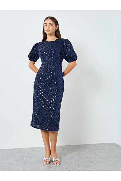 Styli Women Navy Blue Sequin Short Sleeves Sheath Midi Dress