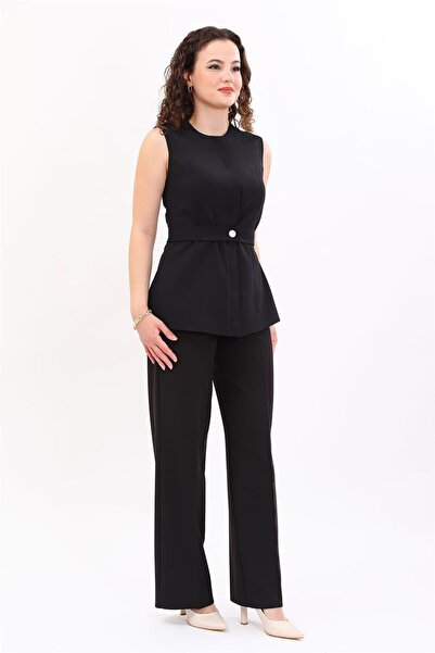 ÖNDER ÖZSOY سترة بحزام وأزرار مخفية وياقة دائرية وبنطلون واسع الساقين مرن للن...