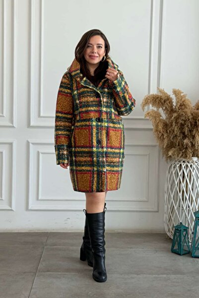 Yağmur Butik Ekose Desen Düğmeli Keçe Kaban