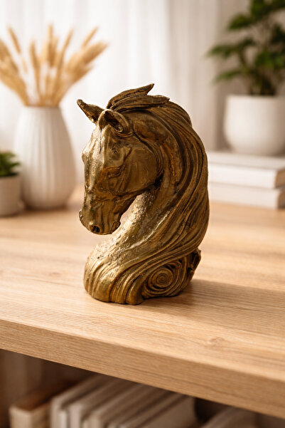 3D ASİL GÜÇ -Bronz Görünümlü Dekoratif At Başı Biblosu | Prestijli Masa ve Ra...