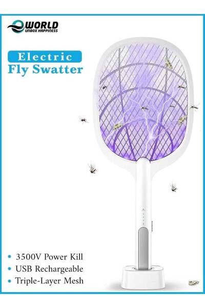 Eworld مضرب ذباب كهربائي 3500 فولت قابل لإعادة الشحن عبر منفذ USB مع قاعدة شح...