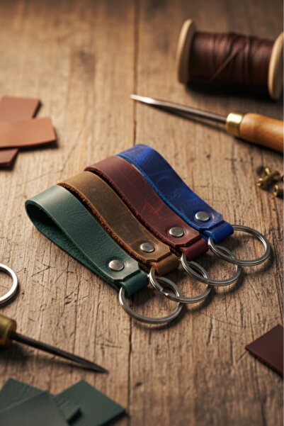 E&F Takı 4 Pcs Real Leather Keychain 4 Colors Genuine Leather Keychain Gift K...