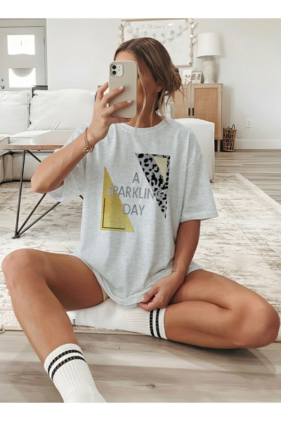 caddekombin Women's Leopard and Gold Printed Crew Neck Gray T-Shirt