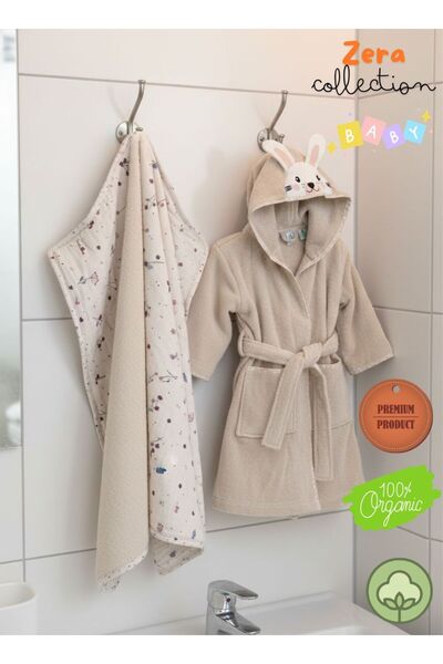 zera collection Bebek bornoz Kapişonlu & Bebek Havlu Set %100 organic pamuk (...