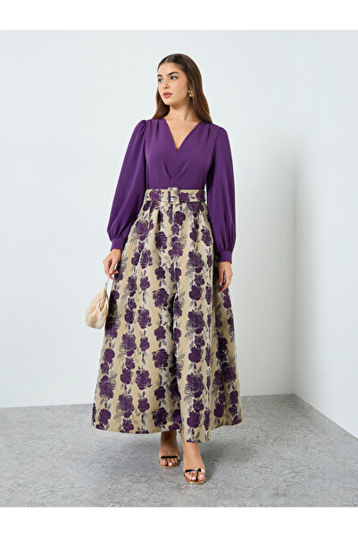 Styli Women Purple Floral Print Balloon Sleeve Maxi Dress
