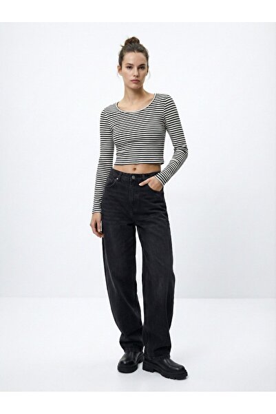 Ltb Long Sleeve Crew Neck Crop Black Sweatshirt