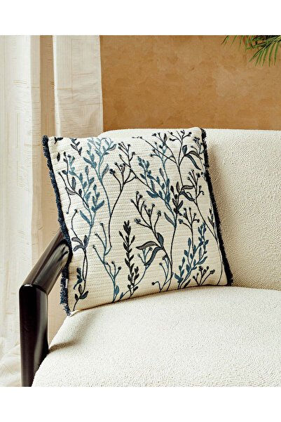 REDTAG Ivory And Blue Floral Embroidered Cushion
