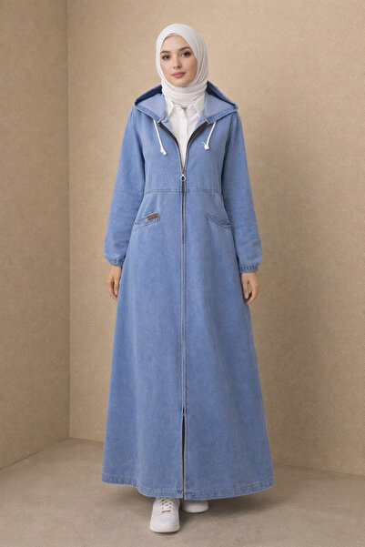 Kirazgym Women's Pocketed Elastic Sleeve Hooded Long Denim Jacket - Blue