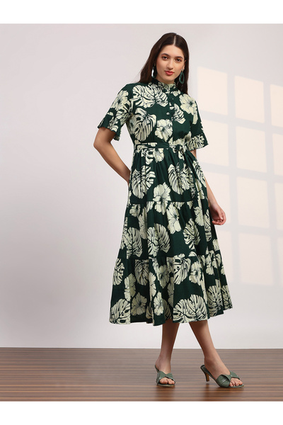Globus By Styli Women Green Floral Print Mandarin Collar Midi Dress