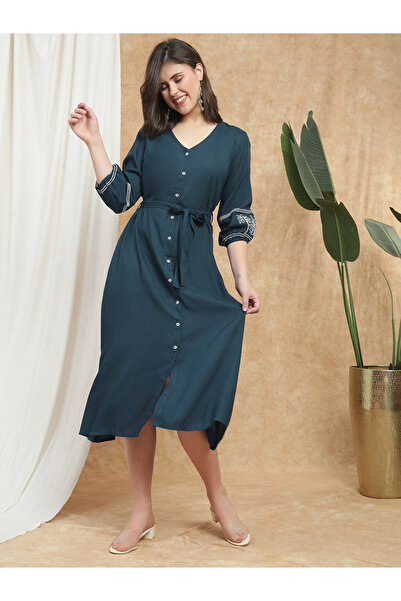 Globus By Styli Women Navy Blue Bishop Sleeves Embroidered Midi Dress