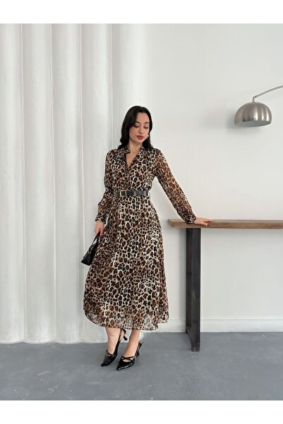 Nazline Women's Buttoned Belted Chiffon Dress