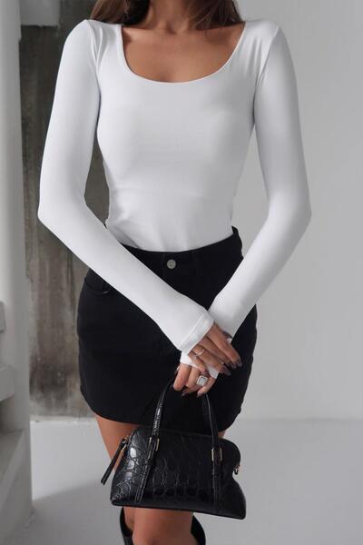 Mine Tan Butik Square Neck Sandy Fabric Basic Women's Bodysuit - White