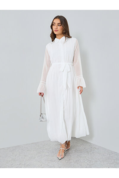 Styli Women White Pleated Collared Midi Dress
