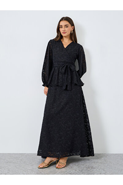 Styli Women Black Lace Wrap Maxi Dress