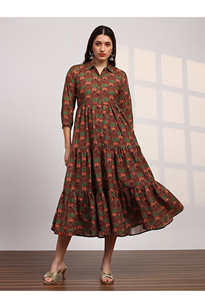 Globus By Styli Women Brown Collared Bishop Sleeves Midi Dress