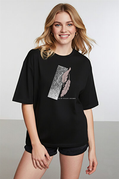 caddekombin Palmiye Detailed pentru femei cu imprimeu guler rotund Negru tricou