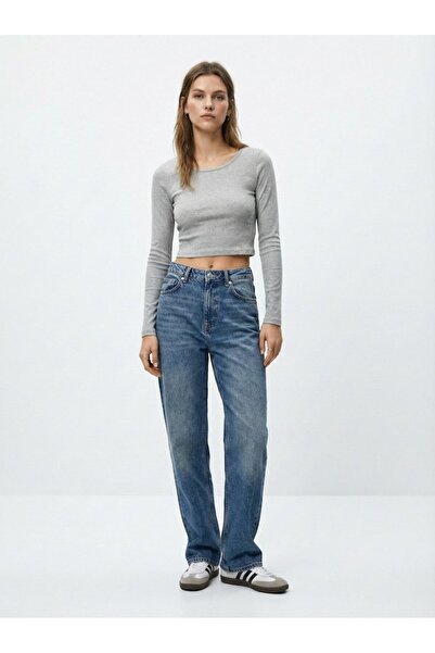 Ltb Long Sleeve Crew Neck Crop Gray Sweatshirt