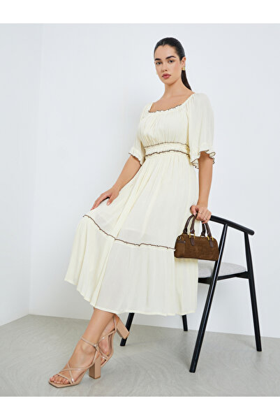 Styli Women Cream Bell Sleeve Ruffled Hem Midi Dress