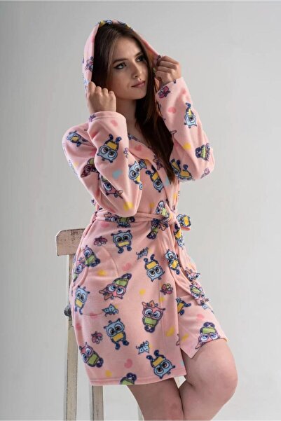 VİENETTA 703 Cheerful Patterns Hooded Short Fleece Dressing Gown