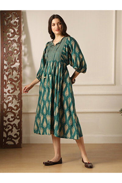 Globus By Styli Women Teal Ethnic Print Tie-Up Neck Midi Dress