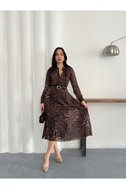 Nazline Women's Buttoned Belted Chiffon Dress