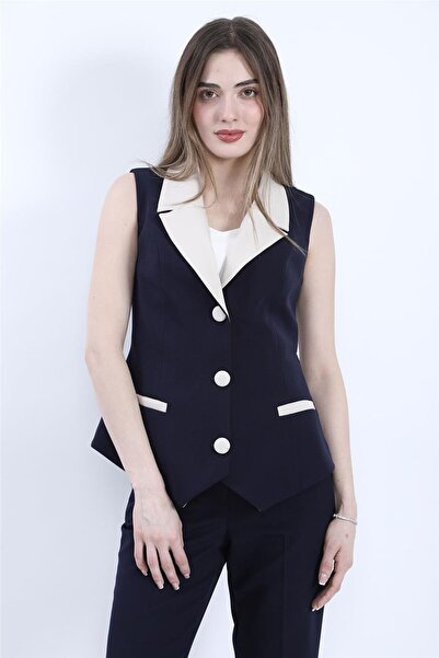 ÖNDER ÖZSOY Paneled Jacket Collar Classic Women's Vest-White