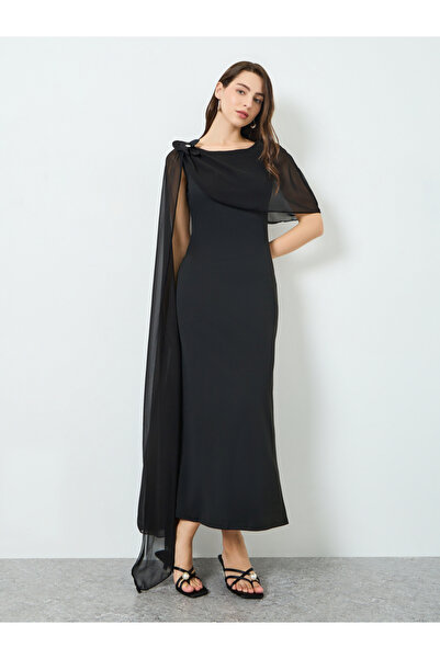 Take Two By Styli Women Black Round Neck Cape Sleeve Maxi Dress