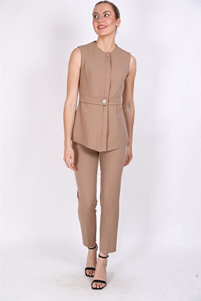 ÖNDER ÖZSOY Zero Collar Hidden Button Belted Vest & Elastic Tight-Legged Trou...