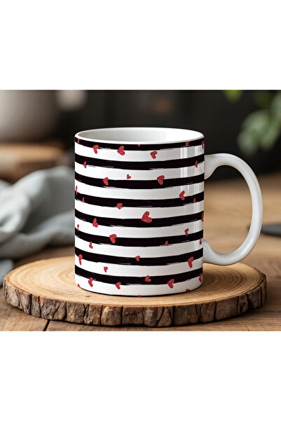 BB TRADE White Ceramic Printed Mug with Red Heart and Black Pattern Design 330ml
